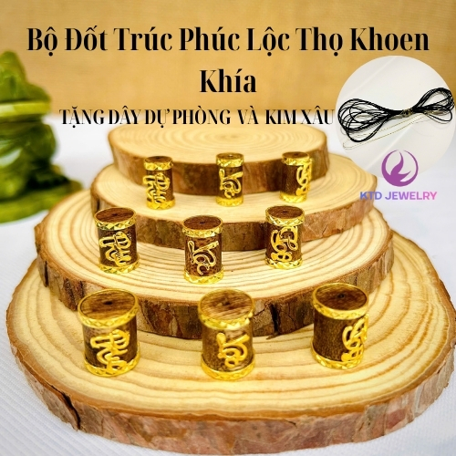 Đốt trúc trầm tốc bọc khoen mạ vàng, charm phúc lộc thọ